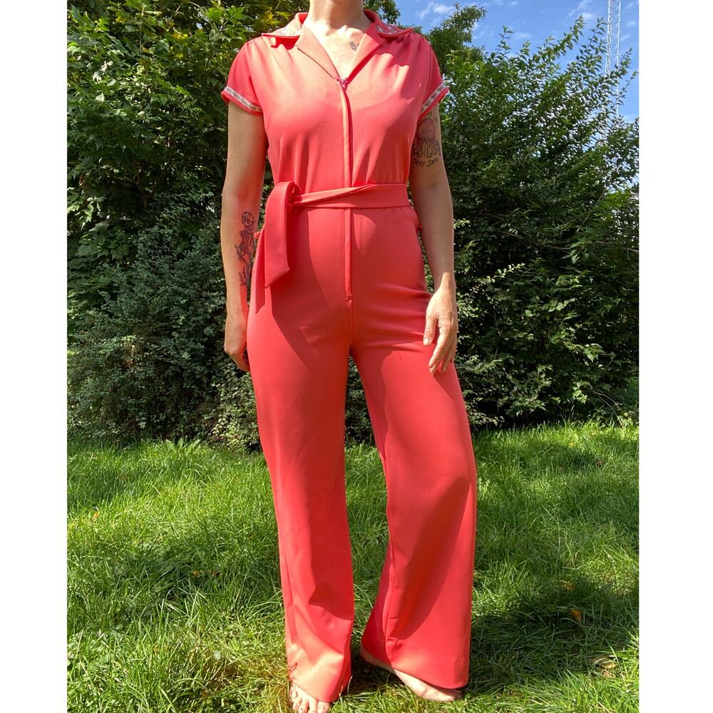 Size S-L//vintage 70s Peachy Pink Polyester Wide Leg Jumpsuit